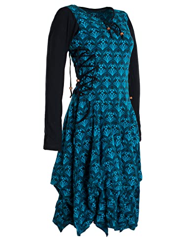 Vishes - Alternative Bekleidung - Langarm Damen Jersey-Kleid Blumenkleid Schnürung V-Ausschnitt türkis 44 von Vishes