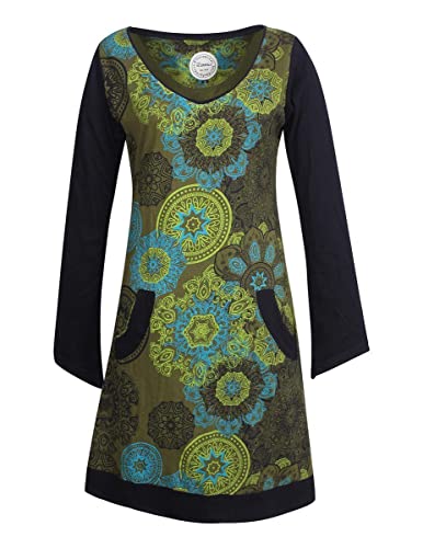 Vishes - Alternative Bekleidung - Langarm Damen Lagen-Look Jersey-Kleid Mandalas V-Ausschnitt Olive 36 von Vishes