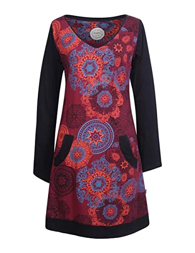 Vishes - Alternative Bekleidung - Langarm Damen Lagen-Look Jersey-Kleid Mandalas V-Ausschnitt dunkelrot 34 von Vishes