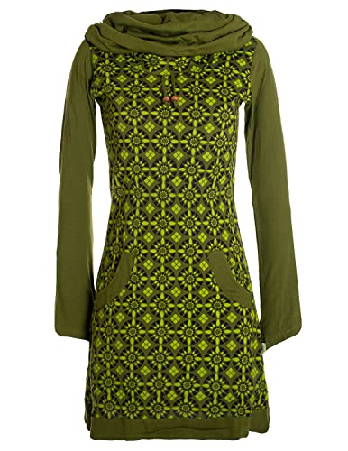 Vishes - Alternative Bekleidung - Langarm Damen Shirt Kleid Schalkragen Bedruckt 70er 80er Retro Olive 48 von Vishes