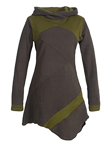 Vishes - Alternative Bekleidung - Langarm Damen Winterkleid Kapuzen-Kleid Eco-Fleece Asymmetrisch Patchwork Olive 44 von Vishes