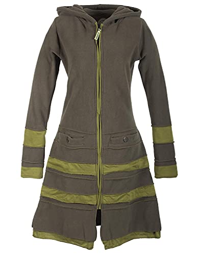 Vishes - Alternative Bekleidung - Langer Damen Patchwork Eco Recycling Fleecemantel mit Kapuze Olive 38 von Vishes