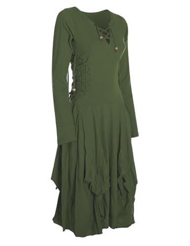 Vishes - Alternative Bekleidung- Langes Langarm Damen Kleid Ballonkleid Bio-Baumwolle Einfarbig mit Schnürung V-Ausschnitt Olive 44 von Vishes