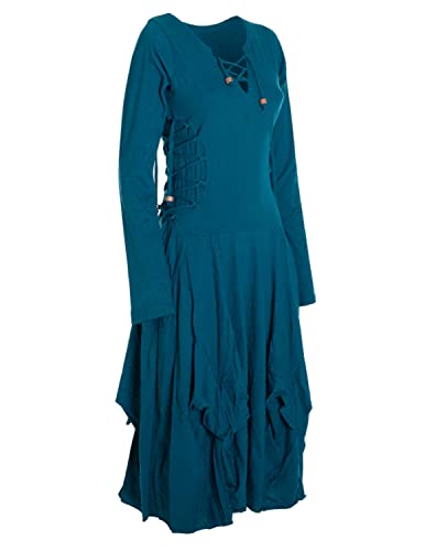Vishes - Alternative Bekleidung- Langes Langarm Damen Kleid Ballonkleid Bio-Baumwolle Einfarbig mit Schnürung V-Ausschnitt türkis 44-46 von Vishes