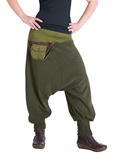 Vishes - Alternative Bekleidung - Warme Thermo Haremshose aus Fleece mit Tasche und weichem Jersey Bund Olive Einheitsgröße 36 bis 42 von Vishes