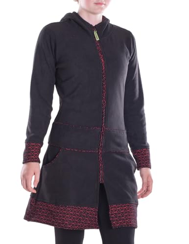 Vishes - Alternative Bekleidung - lange Kapuzenjacke Damen Fleece Hippiemantel Übergangsjacke schwarz-dunkelrot 38 von Vishes