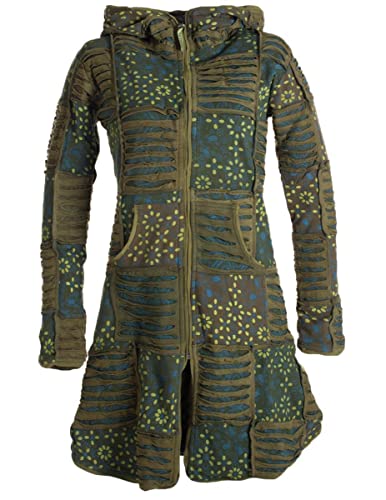 Vishes - Alternative Bekleidung - warmer Elfen Patchworkmantel aus Baumwolle mit Fleecefutter und Kapuze olive 42 von Vishes