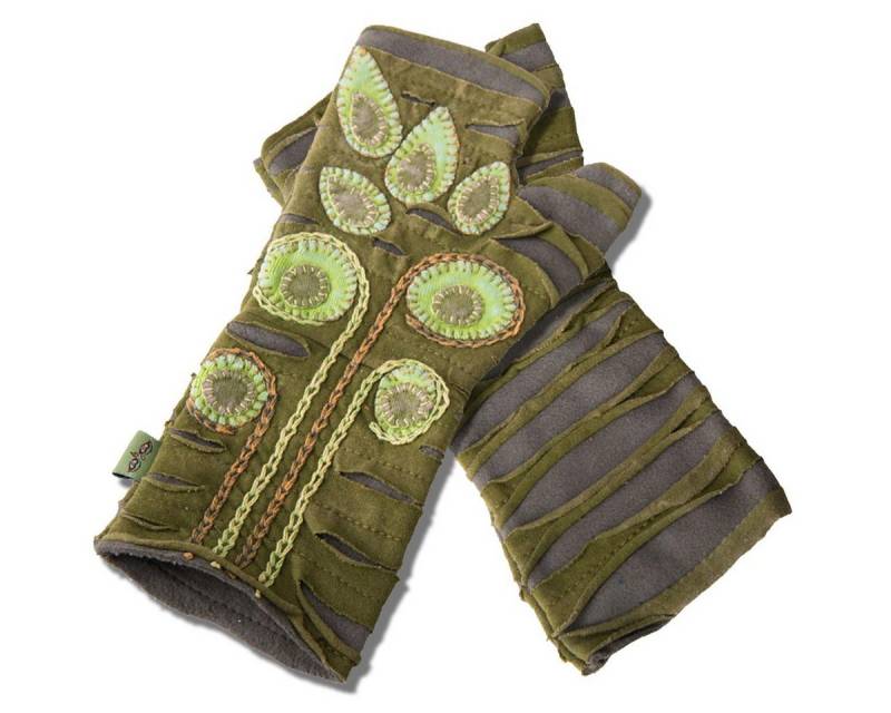 Vishes Armstulpen Bestickte Damen Handschuhe Stulpen mit Daumen Fleece Gefüttert Alternative Bekleidung, Hippie, Goa Style von Vishes