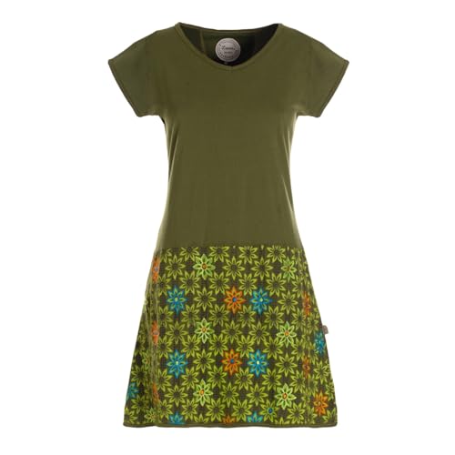 Vishes Damen Kurzarm Kleid mit Blümchen in Olive I Größe L (40) I Handgefertigt aus 100% Baumwolle I Stylisches Sommerkleid für Freizeit & Alltag I Nachhaltige Alternative Bekleidung von Vishes