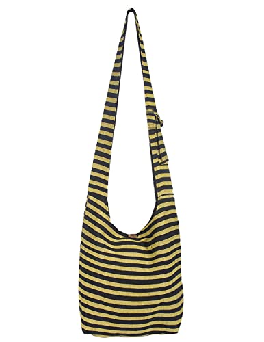 Vishes Gestreifte Umhängetasche Beuteltasche Grob Gewebte Baumwolle Innentasche Damen Herren Unisex schwarz-gelb von Vishes