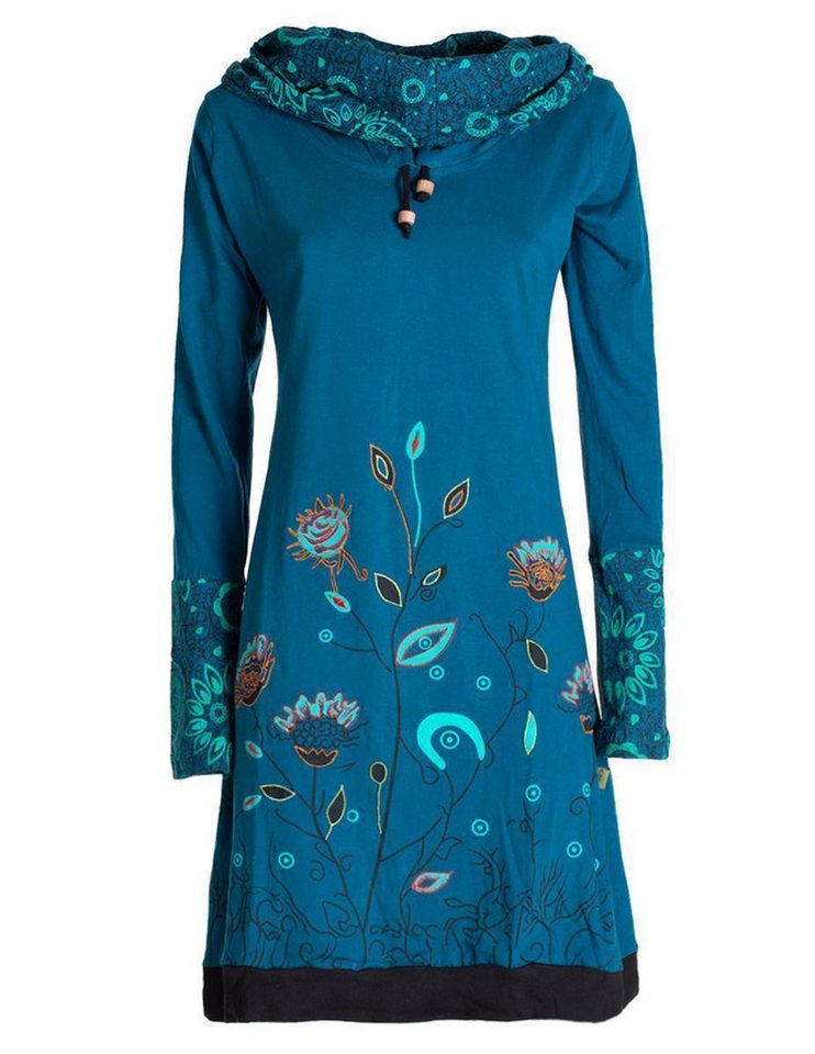 Vishes Jerseykleid Blumen-Kleid Langarm-Shirtkleid Schal-Kragen Baumwolle Hippie, Goa, Ethno Elfen Style von Vishes