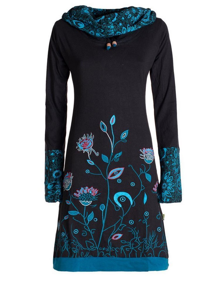 Vishes Jerseykleid Blumen-Kleid Langarm-Shirtkleid Schal-Kragen Baumwolle Hippie, Goa, Ethno Elfen Style von Vishes