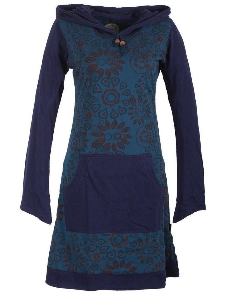 Vishes Jerseykleid Kapuzenkleid mit Blumen bedruckt und Kängurutasche Ethno, Goa, Boho, Hippie Style von Vishes