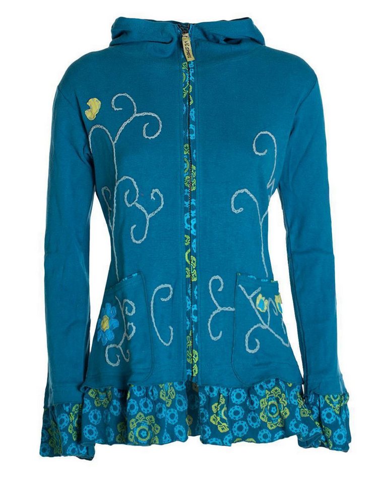 Vishes Kapuzensweatjacke Damen Sommerjacke Blumen-Strickjacke Elfenjacke Kapuze Rüschen Ethno, Hippie, Indie Style von Vishes