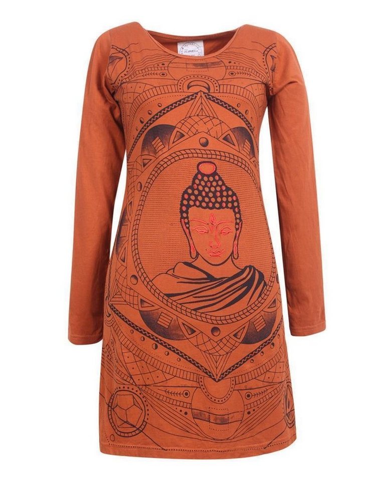 Vishes Midikleid Langarm Baumwollkleid Shirtkleid mit Buddha Druck Übergangskleid, Hippie Style von Vishes