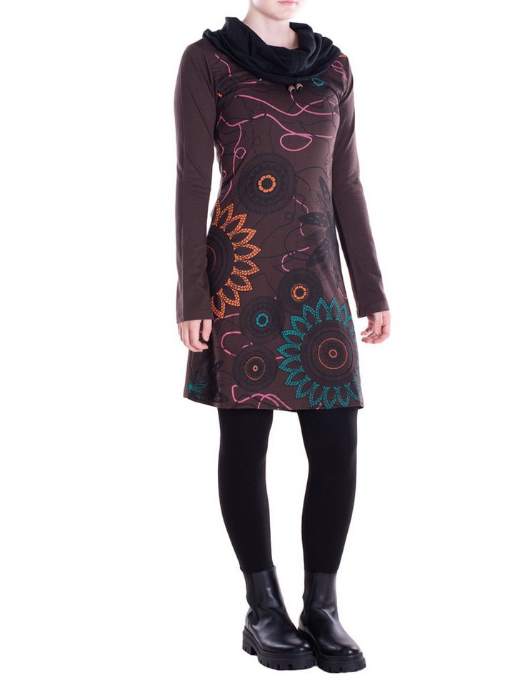 Vishes Tunikakleid Damen Mandala-Kleid Schal-Kragen Langarm-Shirtkleid Baumwollkleid Alternative Bekleidung, Boho, Hippie Style von Vishes