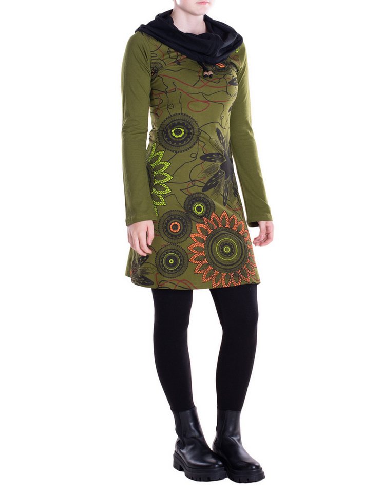 Vishes Tunikakleid Damen Mandala-Kleid Schal-Kragen Langarm-Shirtkleid Baumwollkleid Alternative Bekleidung, Boho, Hippie Style von Vishes