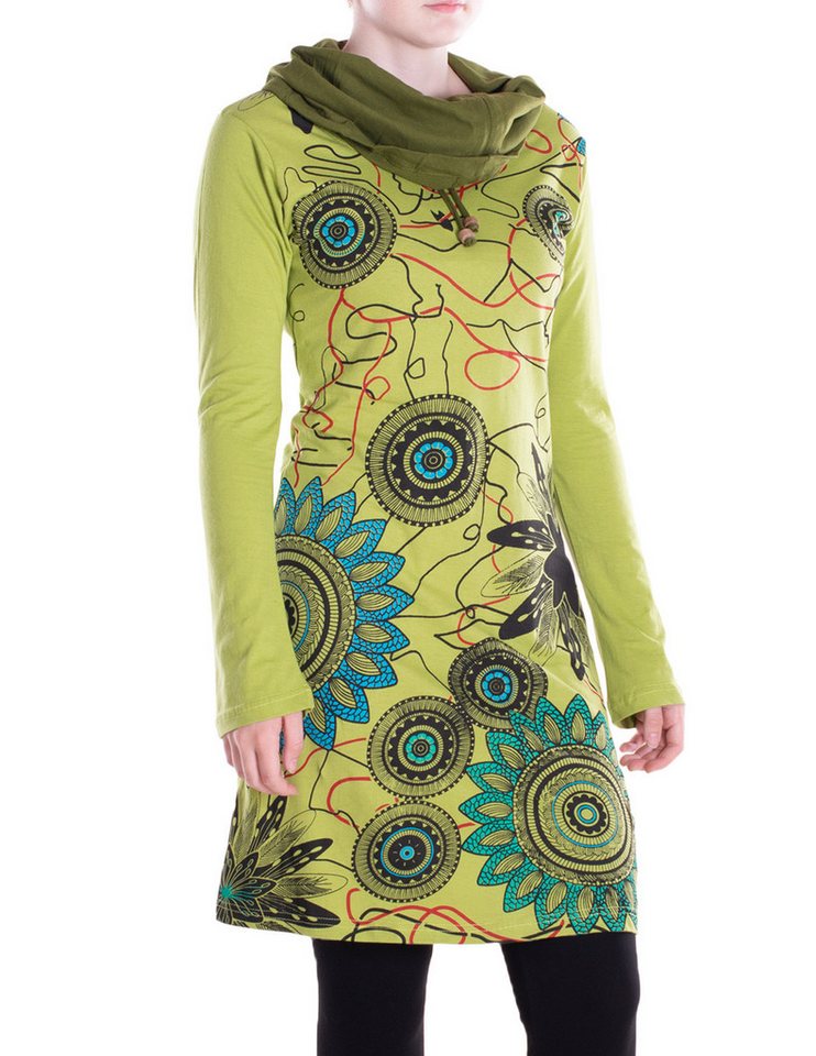 Vishes Tunikakleid Damen Mandala-Kleid Schal-Kragen Langarm-Shirtkleid Baumwollkleid Alternative Bekleidung, Boho, Hippie Style von Vishes