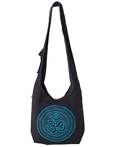 Vishes - Umhängetasche Stoff Beuteltasche Schulterbeutel Damen Beutel Herren Langer breiter Tragegurt Om Unisex schwarz-türkis von Vishes