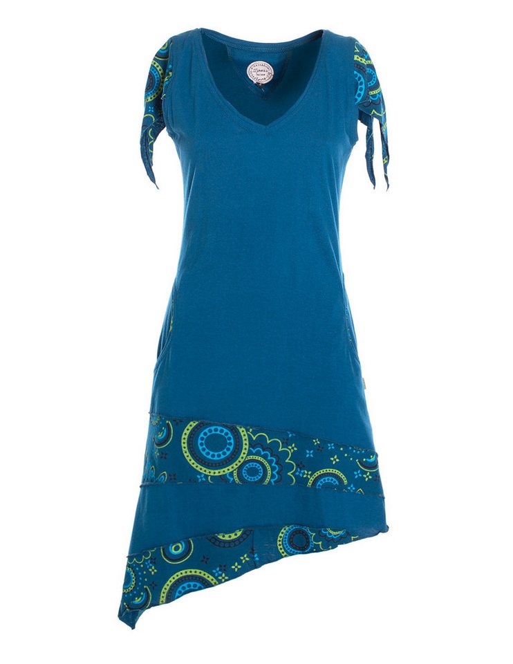 Vishes Zipfelkleid Damen Baumwolle Patchwork Design asymmetrischer Ausschnitt mit Taschen Alternative Bekleidung, Ethno, Hippie, Retro Style von Vishes