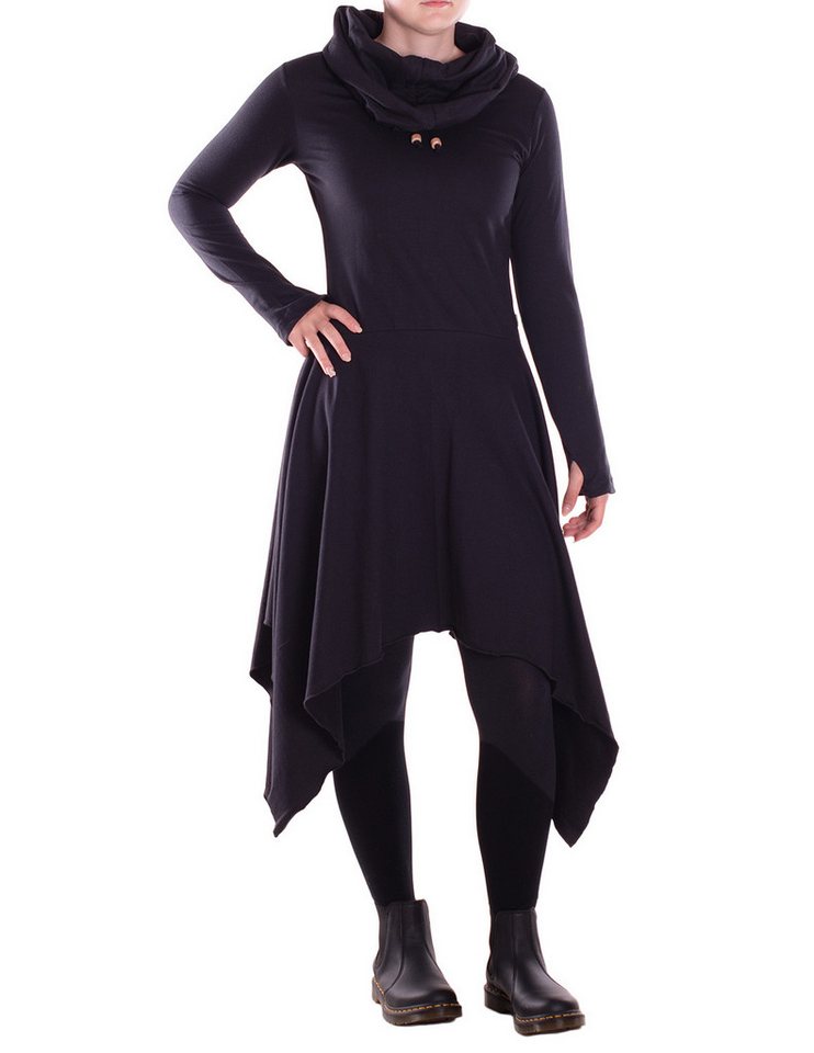 Vishes Zipfelkleid Damen Wadenlanges Kleid Baumwolle asymmetrisch Schalkragen mit Taschen Alternative Bekleidung, Ethno, Hippie, Retro Style von Vishes