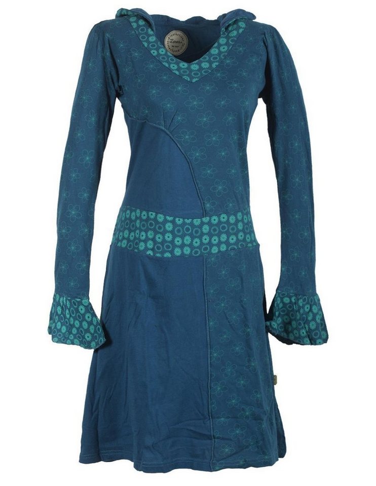 Vishes Zipfelkleid Langarm Blümchen Kapuzenkleid mit V-Ausschnitt Hippie, Hoodie, Boho, Elfen Style von Vishes