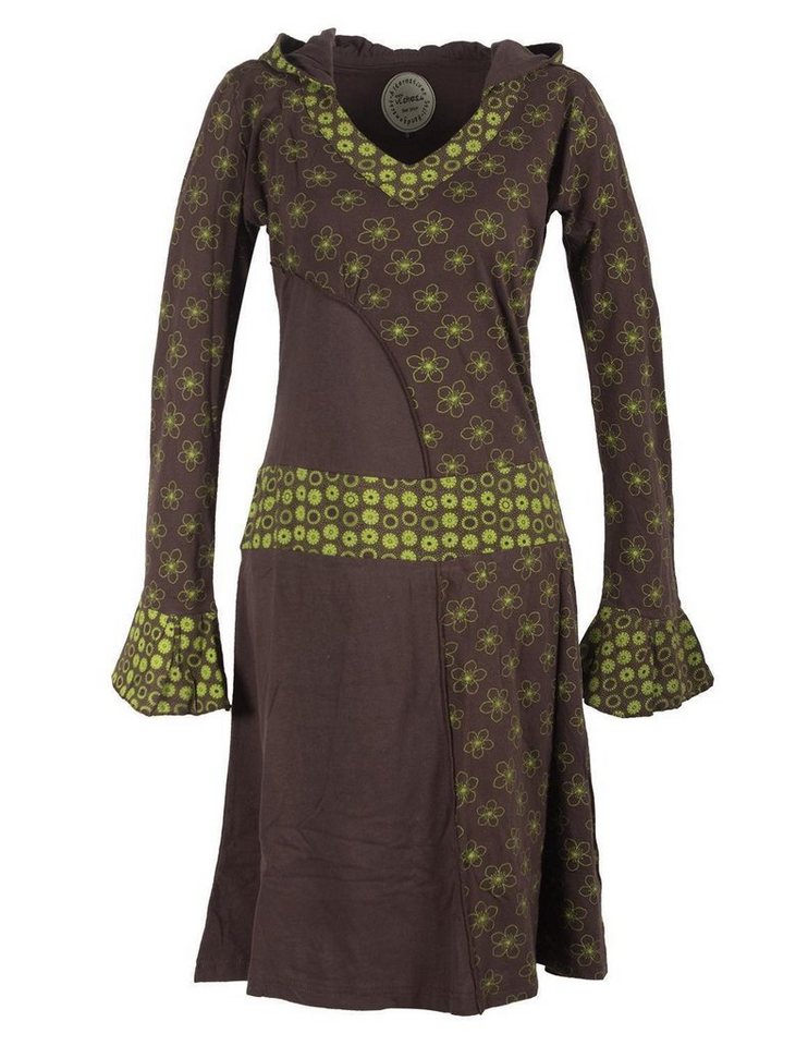 Vishes Zipfelkleid Langarm Blümchen Kapuzenkleid mit V-Ausschnitt Hippie, Hoodie, Boho, Elfen Style von Vishes