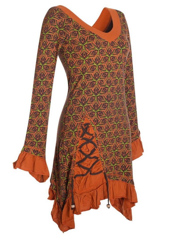 Vishes Zipfelkleid Langarm Kleid Bedruckt Asymmetrisch Rüschen Volant Elfen, Hippie, Festkleid von Vishes