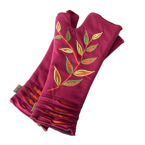 Vishes - alternative Bekleidung - Bestickte Damen Handschuhe Stulpen mit Daumen Fleece Gefüttert dunkelrot Blätter von Vishes