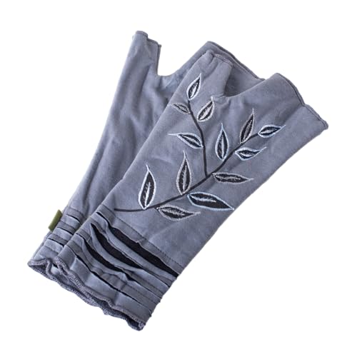 Vishes - alternative Bekleidung - Bestickte Damen Handschuhe Stulpen mit Daumen Fleece Gefüttert grau Blätter von Vishes