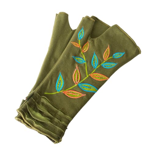 Vishes - alternative Bekleidung - Bestickte Damen Handschuhe Stulpen mit Daumen Fleece Gefüttert olive Blätter von Vishes