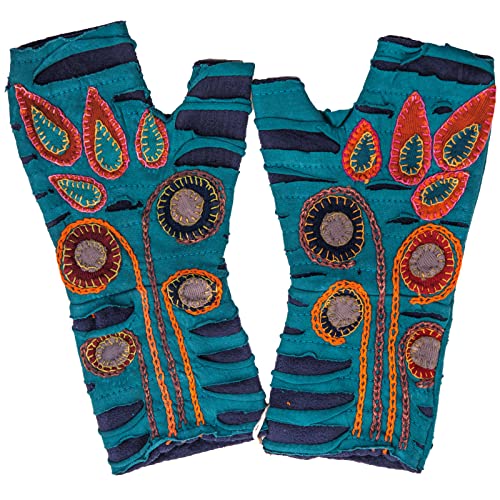 Vishes - alternative Bekleidung - Bestickte Damen Handschuhe Stulpen mit Daumen Fleece Gefüttert türkis von Vishes