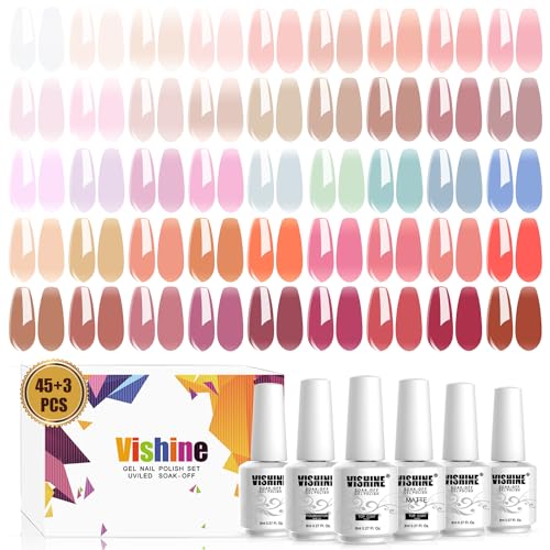Vishine 48 PCS Gel Polish Set, 45 Jelly Nude Pink Gel Nail Polish Set All Season Neutral Sheer Milky White Gel Nail Polish Set with Gel Base and Matte Glossy Top Coat Manicure Salon at Home von Vishine