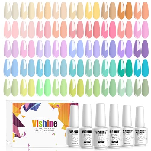 Vishine 48Pcs Pastel Gel Nail Polish Kit with Gel Base Top Coat Macaron Colors Collection Bright Uv Gel Nail Art Solid Colors Decorations for Women Girls Christmas Gift von Vishine