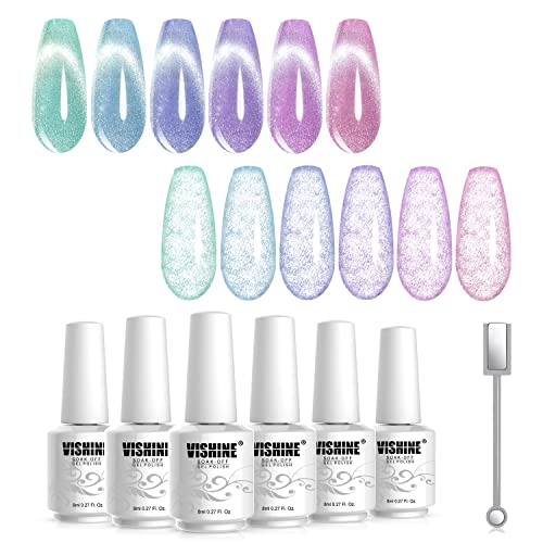 Vishine Galaxy Cat Eye Holographic Glitter Gel Nail Polish Set Soak Off UV LED Light Starry Sky Effect Magic Gel Nail Polish Kit Manicure Nail Art Kit 6 Colors with Magnet 8ml von Vishine