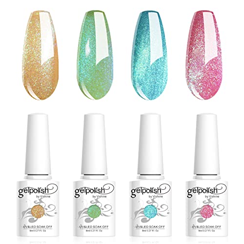 Vishine Gel Nagellack Kit, die Hologramm Sammlung Nail Art 4 Farben Holographic Golden Blue Grün Pink Soak Off Nagellampe Gel Polish Set DIY Maniküre 8ml C031 von Vishine