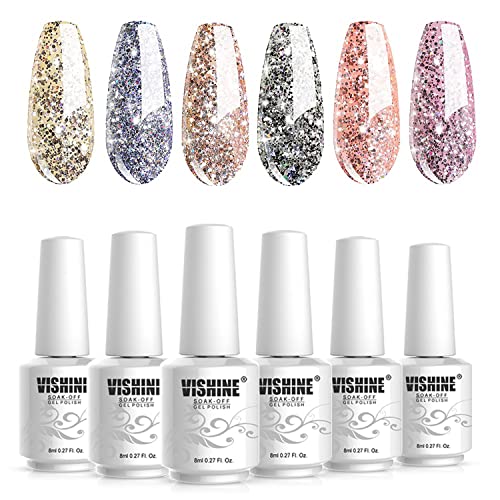 Vishine Gel Nagellack-Set Glitzer Gel Nail Polish für Nagel-Design 6pcs 8ml, Nagellack-Set mit LED Nagellamp und Kristallsteinen von Vishine