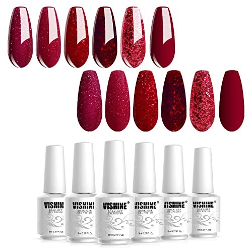 Vishine Gel Nagellack-Set Rot,Schellack Nagellack Starterset,Gel Nail Polish Red für Nagel-Design 6 x 8ml von Vishine