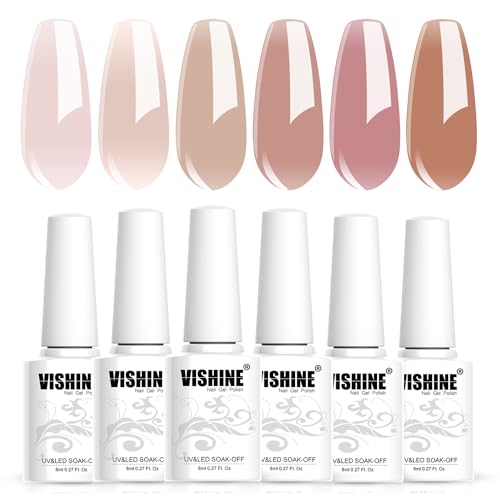 Vishine Gel Nagellack Set - 6 Stück Natürliche Nude Jelly Rosa Hautfarben, 8ML Transluzent UV LED Gel Polish für Maniküre DIY Nail Art Designs zu Hause und im Salon von Vishine