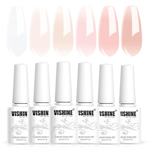 Vishine Gel Nail Polish Kit, 6 PCS Jelly Gel Polish White Pink Nude Sheer Color Gel Neutral Nail Art Design Translucent Gel Nail Soak Off Uv Nail Lamp Cured Nail Manicure DIY Home 8ml von Vishine