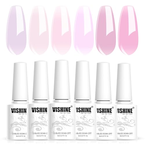 Vishine Gel Polish Set Jelly Pink Collection of 6 Transparent Natural Colors Sheer Pink Milky Mauve Purple French Manicure LED UV Gel Nail Polish Soak Off Curing Requires Home Salon 8ml von Vishine