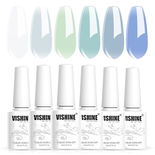 Vishine Jelly Blue Green Teal Gel Nail Polish Set of 6 colors Translucent Crystal Blue MintGreen Gel Polish Set Soak Off Nude Nail Gel Polish Manicure DIY Home Gifts for Women 8ml von Vishine