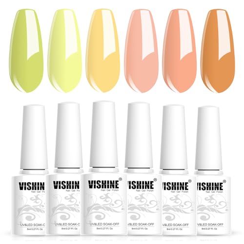 Vishine Pastel Gel Nail Polish Set Spring Summer Gel Polish Macaron Lemon yellow Peach Orange Color Gel Polish Easter Soft Yellow Green Colors Collection Nail Art Gift Box 8ML 6PCS von Vishine
