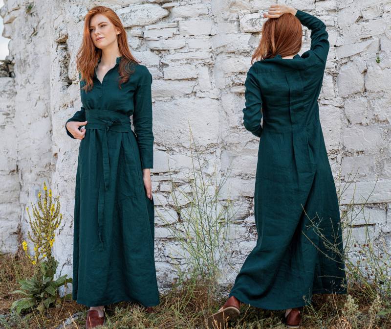 Bescheidenes Leinenkleid, Leinen Maxikleid, Langarm Smaragdgrünes Kaftan, Abaya, Kleidung in Übergröße von VisibleArt