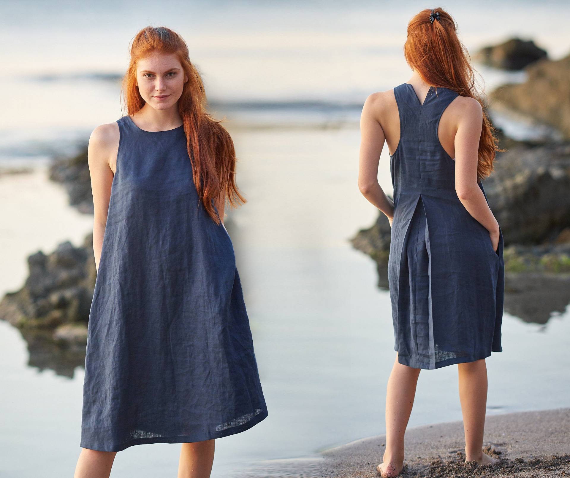 Blaues Leinenkleid, Ärmelloses Midi-Leinenkleid, Leinenkleidung Für Frauen, Leinensommerkleid, Leinenstrandkleid, Boho-Kleidung von VisibleArt