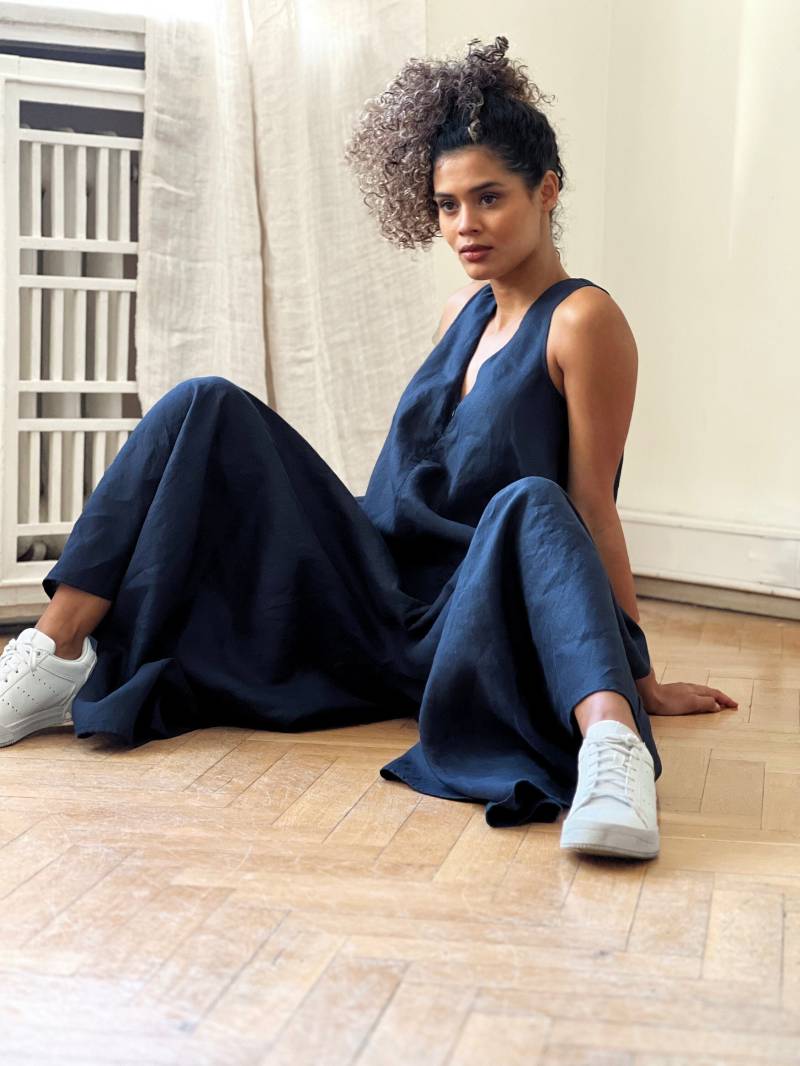 Dunkelblaues Leinen Jumpsuit Kleid, Sommer Maxi Für Frauen, Overall Mit Weitem Bein, Übergroße Strampler Plus Size von VisibleArt