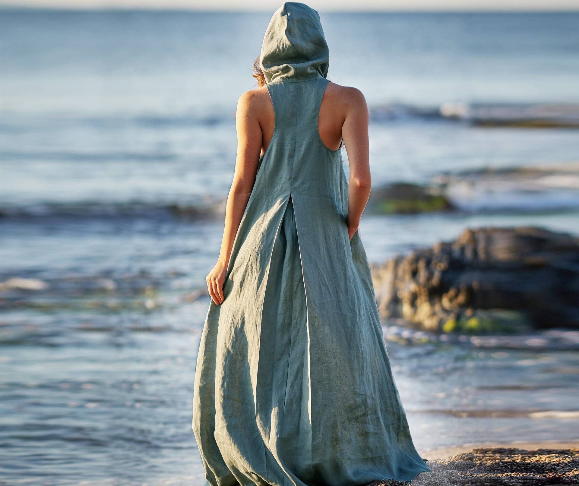 Dusty Turquoise Leinenkleid, Leinen Maxikleid, Maxikleid Mit Kapuze, Boho Leinenkleid Für Frauen, Sommer Übergröße Kleid von VisibleArt
