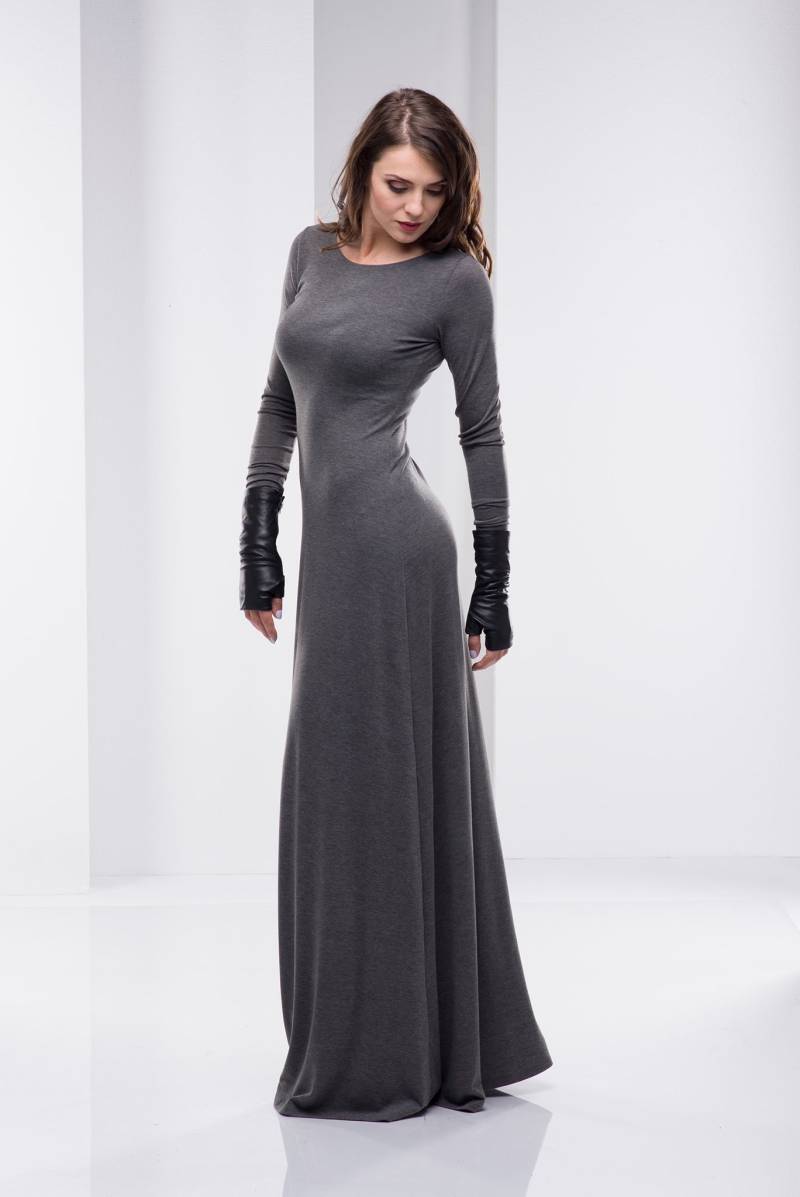 Langarm Maxi Kleid, Kleid Für Frauen, Plus Size Graues Baumwollkleid, Abendkleid, Oversize Kleidung, Boho Kleidung von VisibleArt