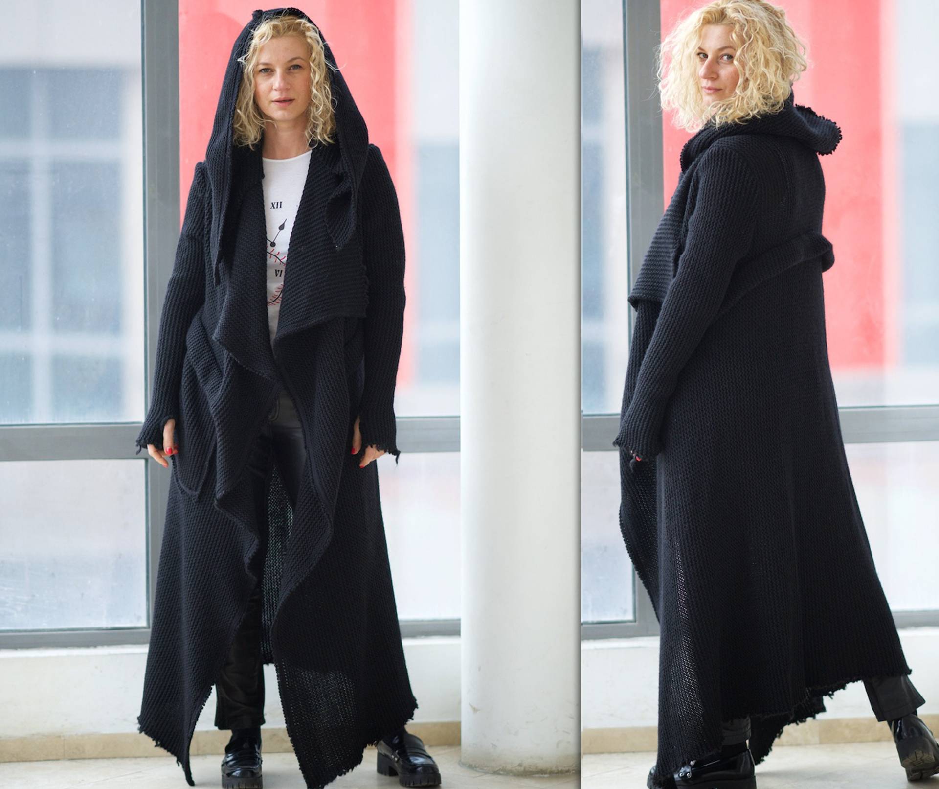 Lange Schwarze Strickjacke, Wolle Strickjacke Für Frauen, Gestrickter Winter Pullover Mantel, Plus Size Kleidung, Grobstrick-Cardigan von VisibleArt