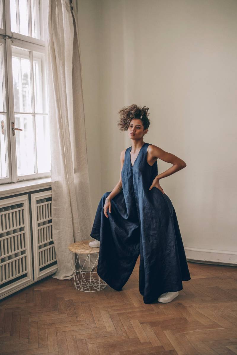 Leinen Maxi Jumpsuit Kleid, Boho Übergroßer Jumpsuit, Frauen Sommer Mit Weitem Bein, Plus Size Overalls von VisibleArt